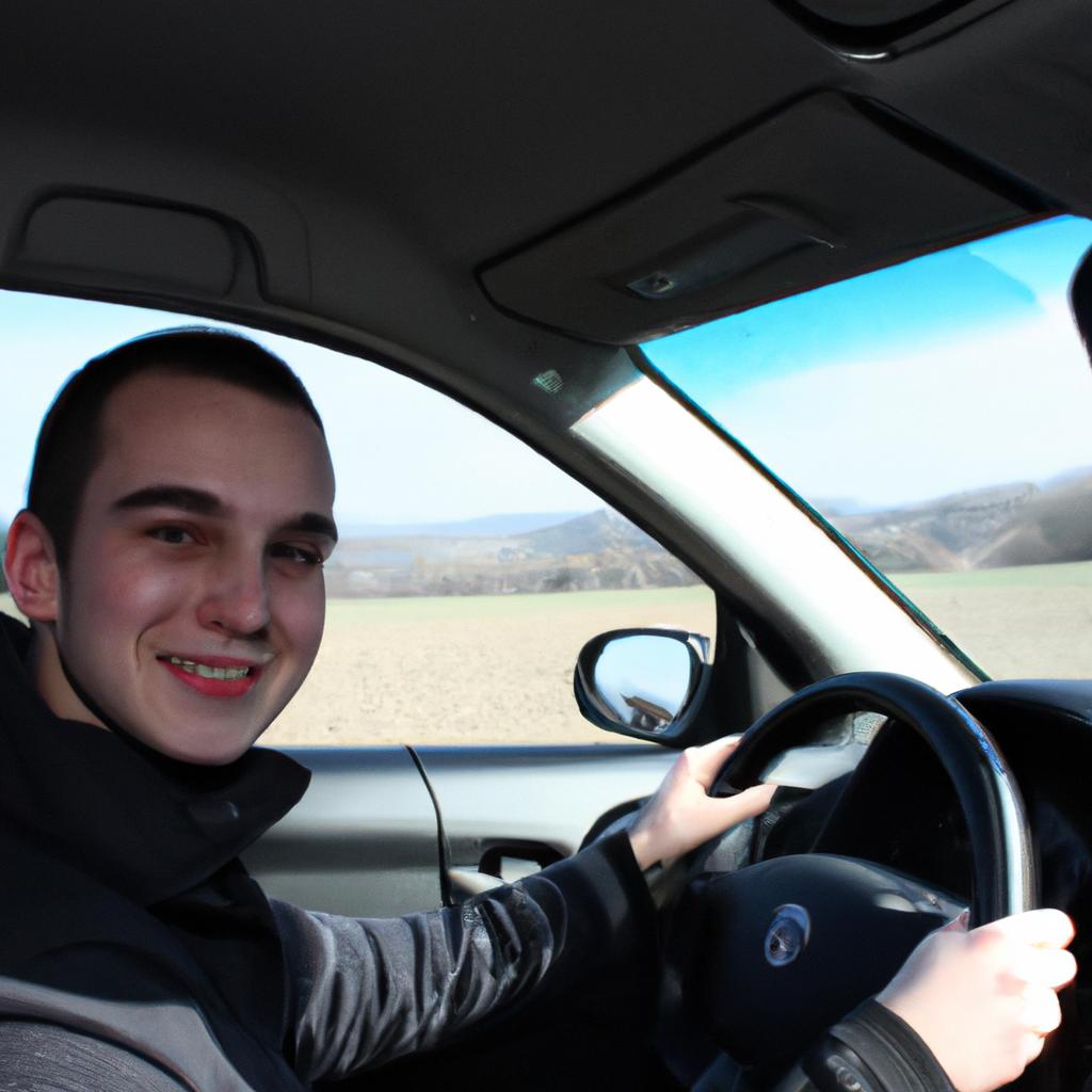 Person driving a car, smiling